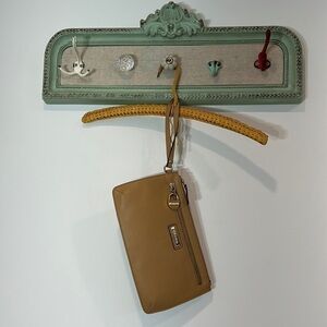 Calvin Klein zip wristlet clutch camel cream leather gold hardware bag